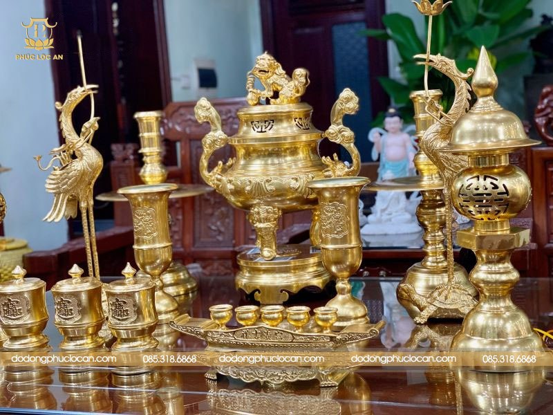 Bộ đồ thờ đầy đủ bằng Đồng Catut dát vàng 24k cao 70cm