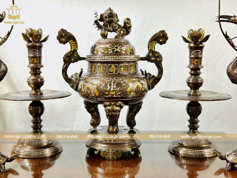 Bộ đồ thờ Ngũ sự bằng đồng khảm tam khí Phúc Lộc An