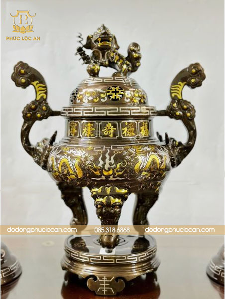 Bộ đồ thờ Ngũ sự bằng đồng khảm tam khí Phúc Lộc An