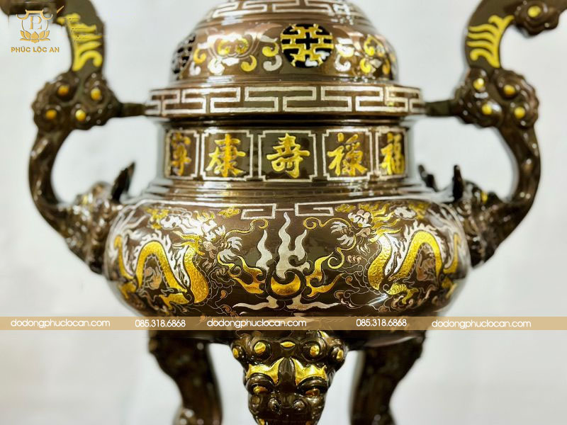 Bộ đồ thờ Ngũ sự bằng đồng khảm tam khí Phúc Lộc An