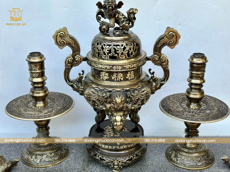 Bộ Ngũ sự đỉnh rồng đúc nổi 3D bằng đồng vàng | Phúc Lộc An