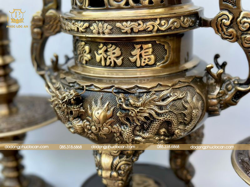 Bộ Ngũ sự đỉnh rồng đúc nổi 3D bằng đồng vàng | Phúc Lộc An