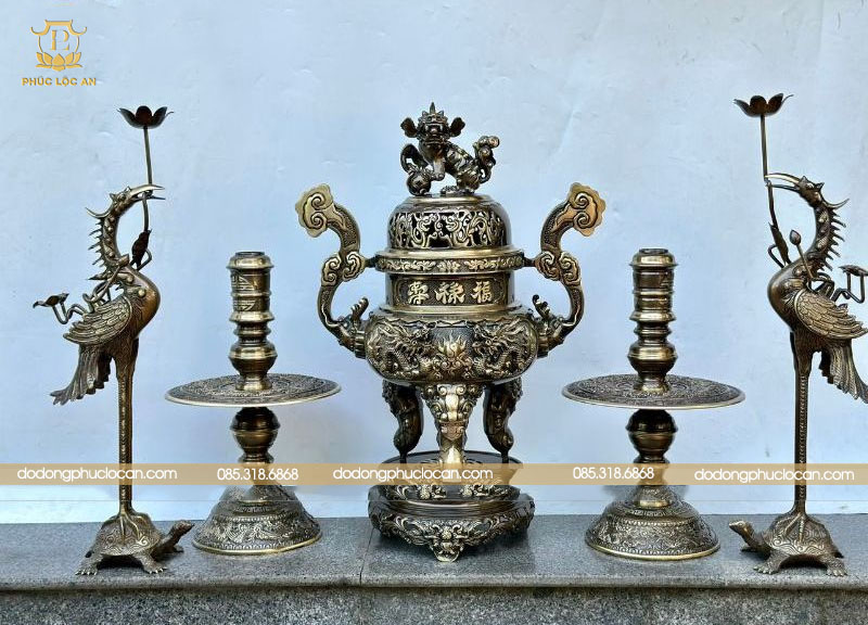 Bộ Ngũ sự đỉnh rồng đúc nổi 3D bằng đồng vàng | Phúc Lộc An