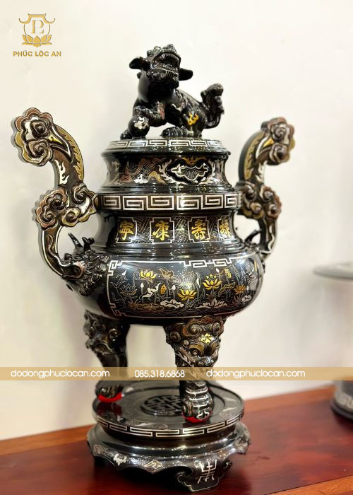 Đỉnh đồng đỏ cao cấp khảm hoa sen ngũ sắc