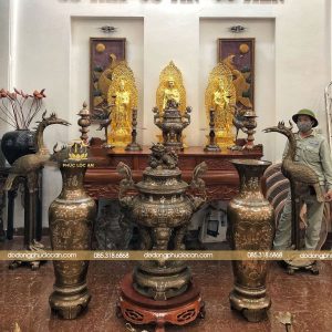 Đỉnh Thờ Cao Cấp Bằng Đồng 1m27 Khảm Tam Khí Hoa Văn Chữ Thọ