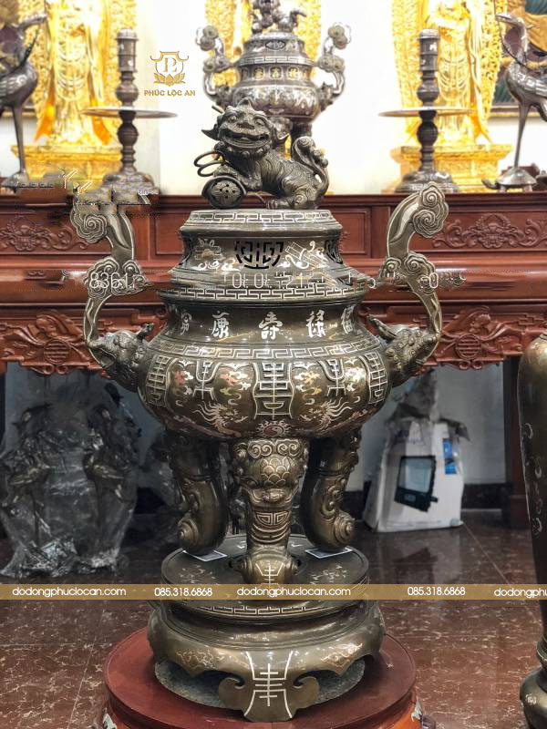 Đỉnh Thờ Cao Cấp Bằng Đồng 1m27 Khảm Tam Khí Hoa Văn Chữ Thọ