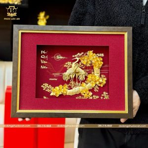 Tranh Tùng Hạc Phú Quý Vạn Niên Dát Vàng 24K